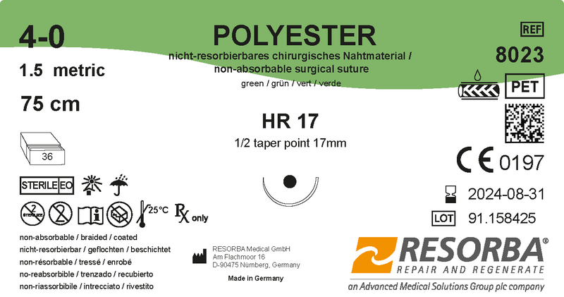Поліестер USP3-0 зелений, довжина 75см, колюча голка 17мм, 1/2 кола